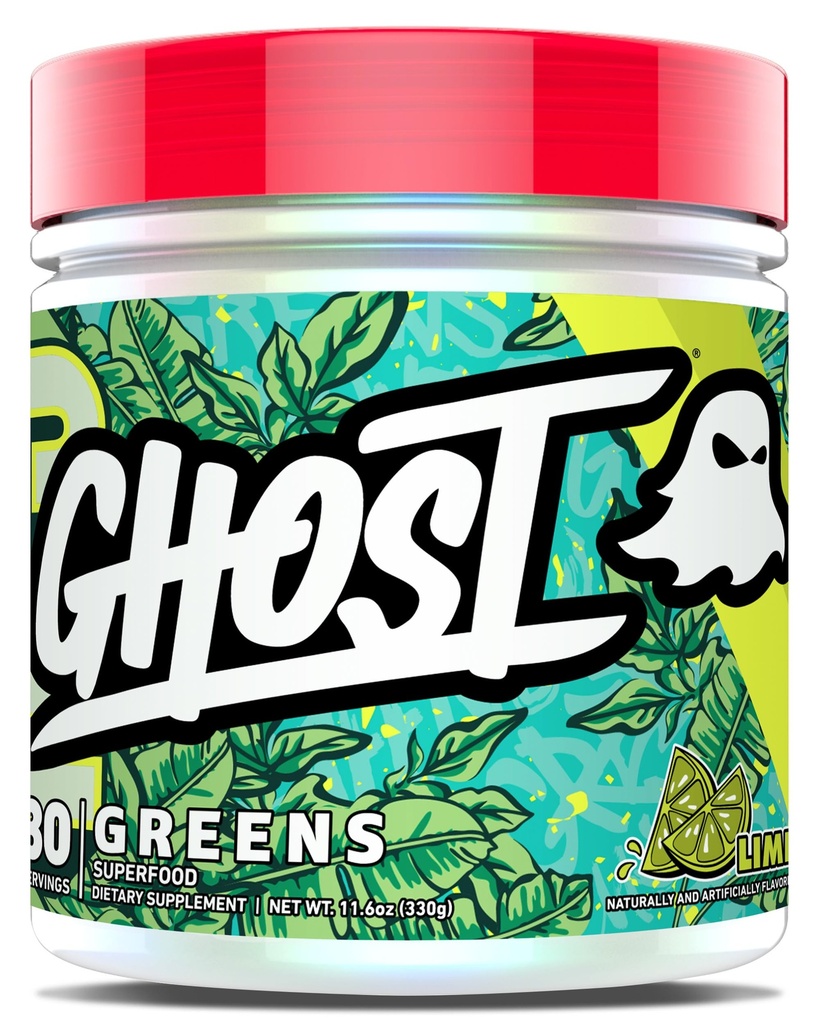 GHOST Greens Powder, Lime - 30 pelayan - 19 Superfood Greens & Reds Powder, Fruits, Spirulina, & Chlorella, Pregories, 10 Milyar CFU Probiotic & Digevital Enzymes - Gluten- Free
