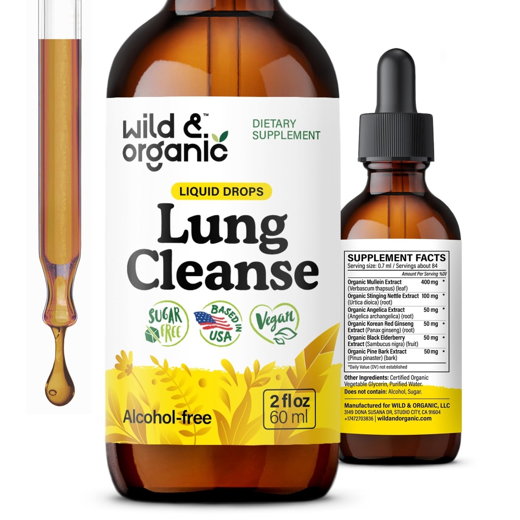 Wild & Organic Lung Cleanse-Free Mullein Leaf Extract for Lungs - Herbal Detox Suplemen - Vegan, Sugar & Alcohol- Free Mullein Drops - 2 fl oz