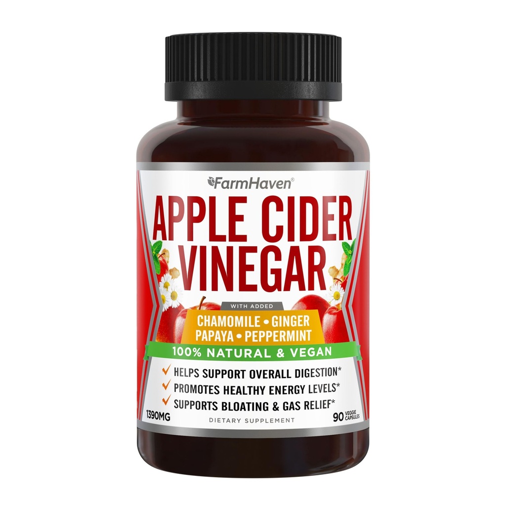 Apple Cider Vinegar Capsules With Ginger, Papaya & Chamomile 124; 1390mg 124; Improve Dibuble, Energy, Imunity 124; Soothes Gas & Bloating Issule 124; Like With Mother 24; Nor-GMO & 100% Natural 1244; 90 Capsules