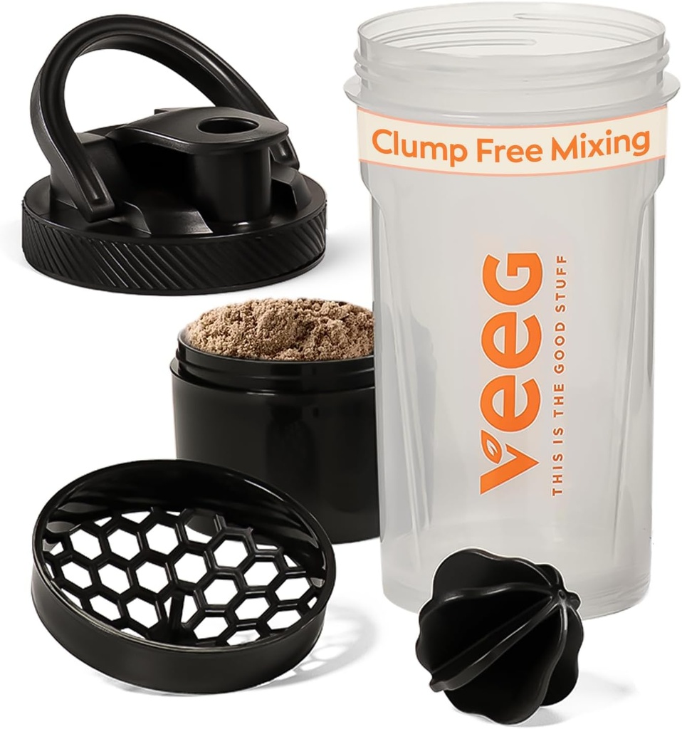 Veeg Shaker Bottles for Protein Mixes, Protein Shake Bottle dengan pencampuran bola, strainer, kompartemen penyimpanan. 24 oz olahraga botol shaker, Flip Top Lid, Carry Handle. BPA-free, Leaks-proof, Dishwasher Safe.