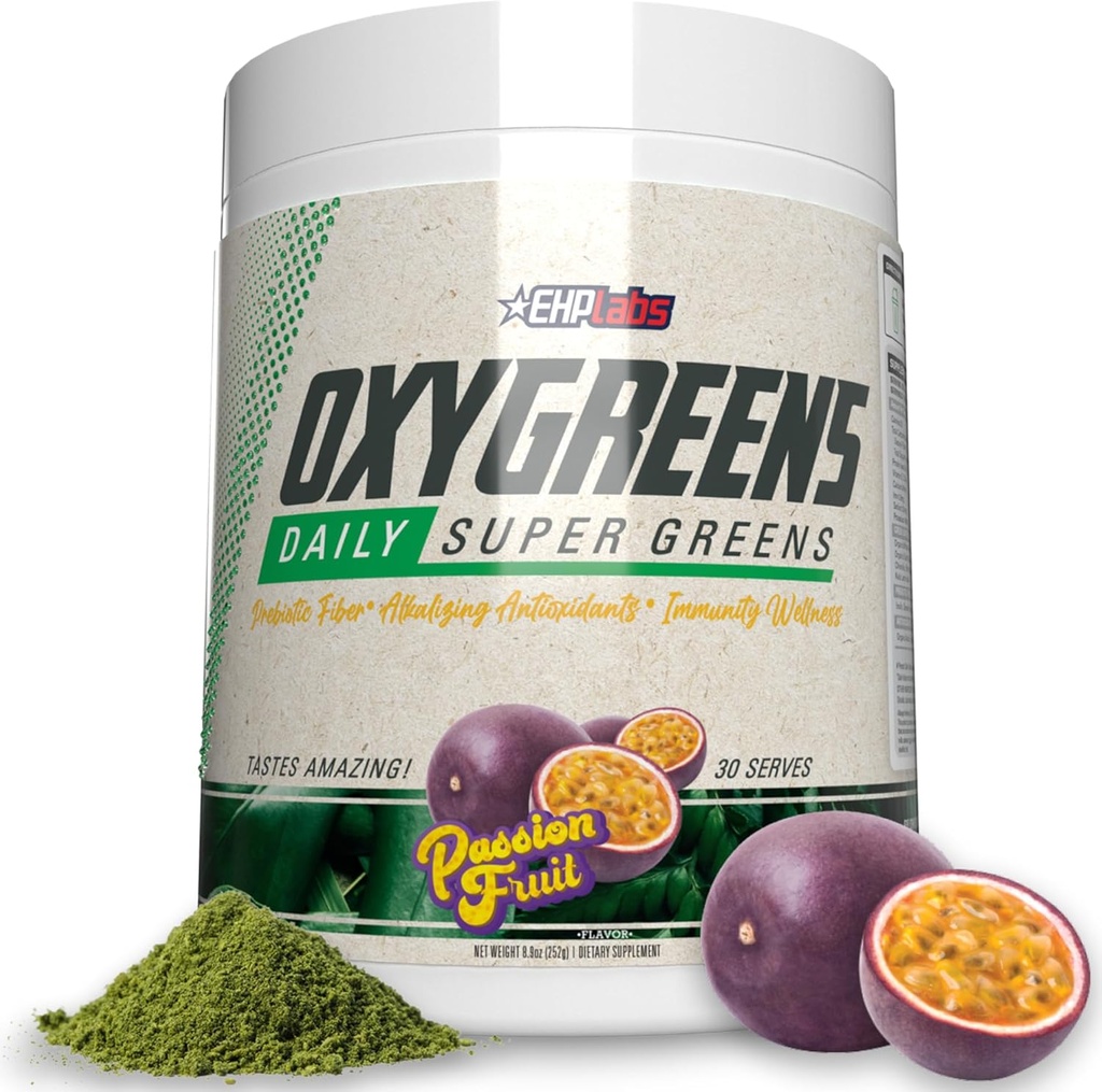 EHP Labs Oxygreens Super Greens Powder - Spirulina & Chlorella Superfood, Green Juice Powder & Hijau dengan Fiber Prebiotik, Antiokidants & Dukungan kekebalan, 30 Serves (Passionfruit)