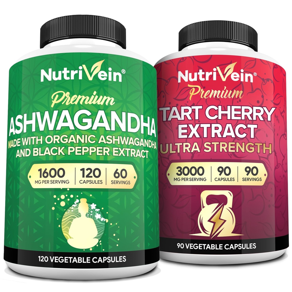 Nutrivein Premium Ashwagandha Capsules & Taart Cherry Capsules Bundle: Tat Absorpsi Tinggi Cherry Extract dan Aswagandha Suplemen Recovery, Saldo, dan Vitalitas