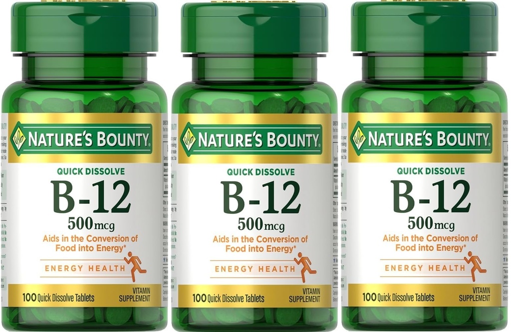 Nature 's Bounty B-12 Quick Dissolve Tablet 500 Mcg, 300 Tablet (3 X 100 Botol Menghitung)