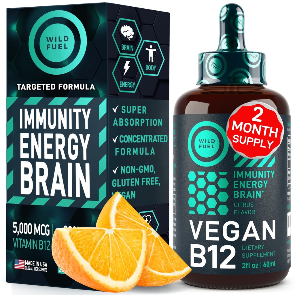 Vegan Vitamin B12 Liquid Drops - Fast- Acting B12 Sublingual 5000 mcg Methylcobalamin Suplemen - Energy, Memory and Mood Dukung - Tinggi - Potency Onety-Dropper Per Day - Natural Citrus Flavor - 2oz