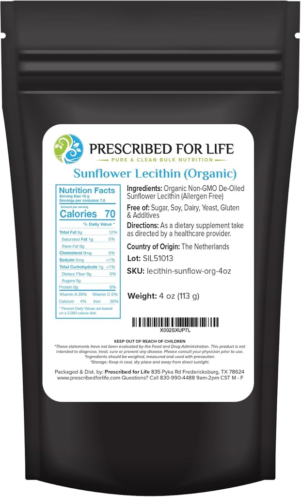 Prescribed For Life Organic Sunflower Lecithin Powder, Natural, Gluten Free, Vegan, Non GMO, Soy Free, Kosher, Lecithin Supplemen Kaya di Choline & Escerfat Acids (4oz / 1113g)