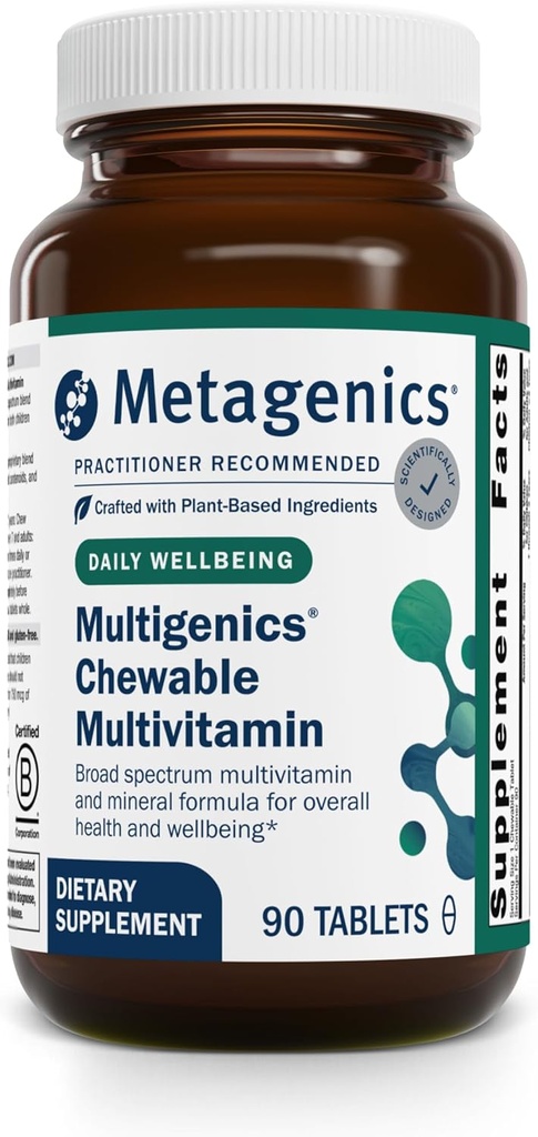 Metagenik Multigenics Chewable Multivitamin - Daily Vitamin & Mineral Dukungan untuk Anak & Orang Dewasa - Orange Flavor, Non-GMO, Gluten- Free, Palet Chewable - GMP Certified Fasilitas - 90