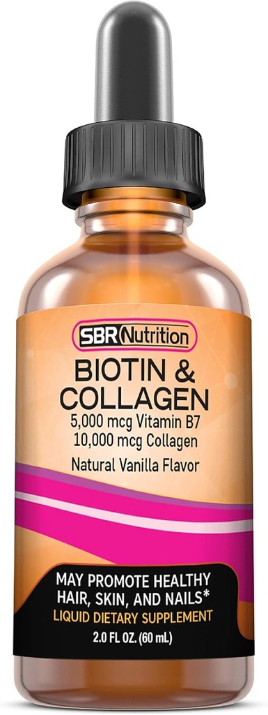 SBR Nutrection Biotin and Collagen Liquid Daily Dietary Supplement, Vitamin for Hair Growth and Thickening, Skin Health and Nail Energy, 2 oz (60mL)