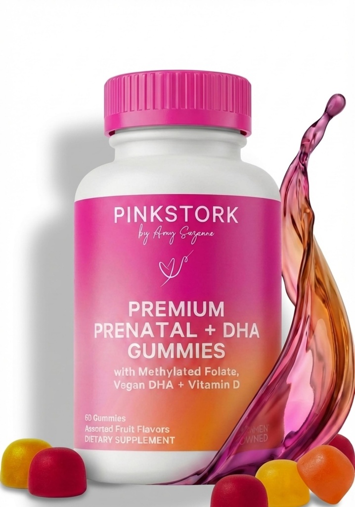 Pink Stork Premium Prenatal Gummy Vitamin with DHA, Folate, and Vitamin D - Multivitamin and Nutrient Blend for Neural Tube and Fetal Brain Development - Pregnancy Must Haves - 60 Vegan Gummies