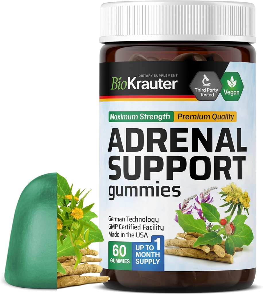 BIO KRAUTER Adrenal Dukung Gummies - 60 Chews - Rhodiola & Ashwagandha Gummies dengan Vitamin C, B6, B12 - Vegan Mood Suppport