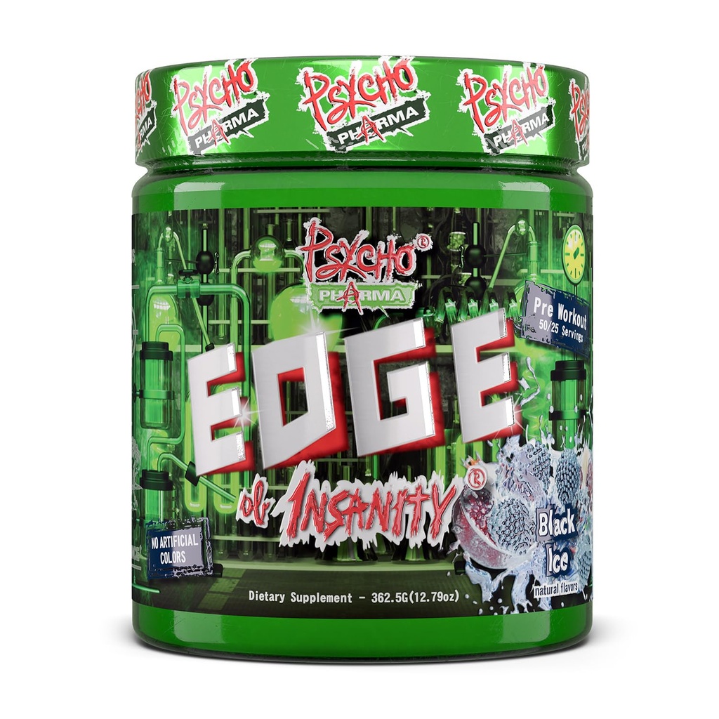 Psycho Pharma Strongest High Stim Pretraining Powder - Edge of Insanity - Suplemen Pra Workout Paling Intense untuk Pumps, Power, Energy and Feel Good Focus. The Rival Famous PWOs of The Past