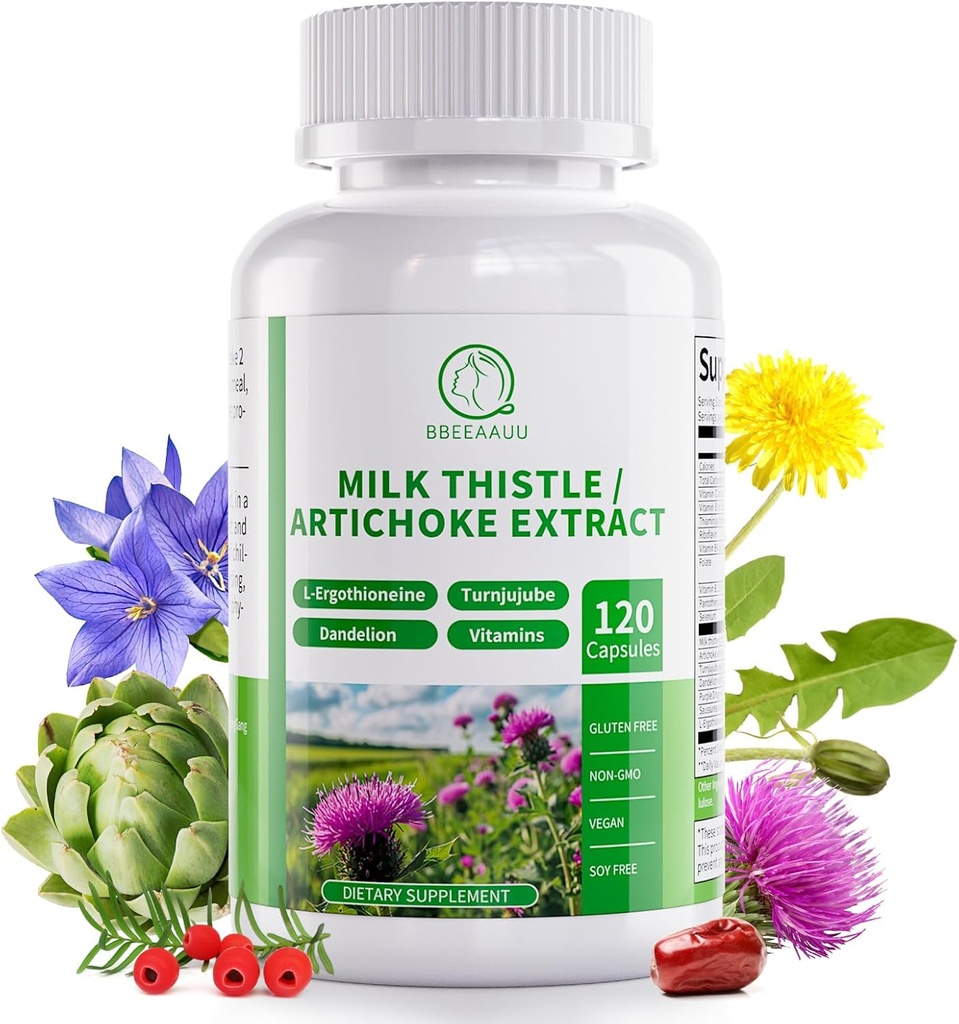 Suplemen Thistle Milk, Liver Cleanse Detox & Repair Formula, 16-in- 1 Herbal Liver Dukungan Pill dengan Artichoke, L-Ergothionine, Turnjube Dandelion Extract untuk Liver & Antioksidant 120 Capsules