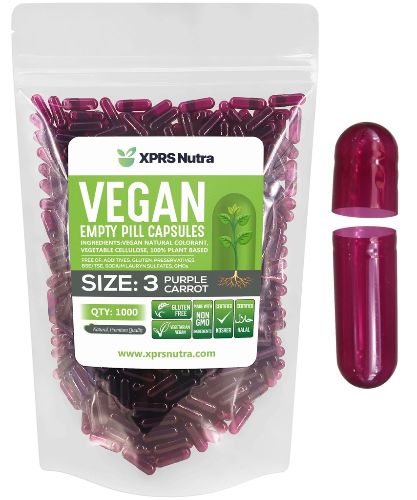XPRS Nutra Ukuran 3 Kapsul Kosong - 1000 Cacah Vegan Kosong - Colls Vegetarian - DIY Kasule Filling - Veggie Pill Caps (Purple Carrot)