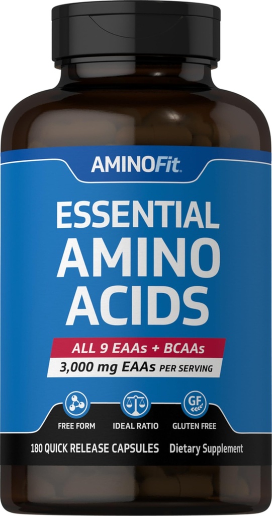 Piping Rock Estibe Amino Acids Suplemen 124; 3000mg 124; 180 Capsules 124; Kompleks Untuk Pria dan Perempuan Dicampur 124; EA dan BCAA 124; Nor-GMO, Gluten Free Of14; Oleh Fitness Labs
