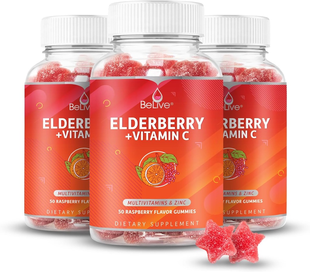 BeLive Elderberry Gummies dengan Zinc dan Vitamin C - Imune Duplemen Dukungan dengan Vitamin D, A, E, B12 - Gummies untuk Heally Bones & Teeth, Vegan, Keto & Non-GMO - Raspberry Flavor 124- Pack