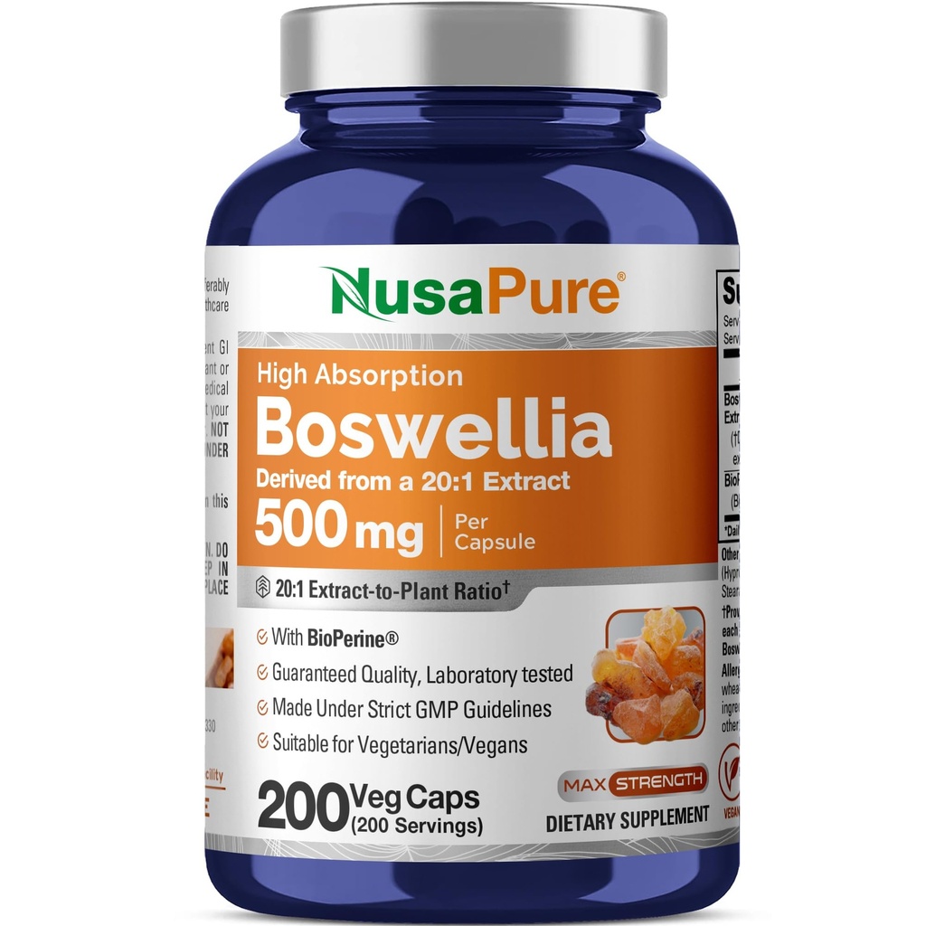 NusaPure Boswellia Serrata 10.000 mg Per Veggie Caps 200 Count (Ext. 20: 1, Non-GMO, Vegan, Bioperin) Ayurvedic Herb: India Olibanum, Frankinapple