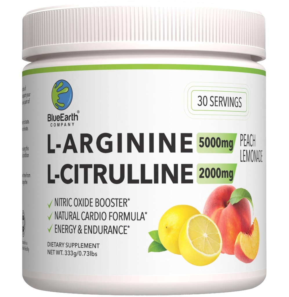 L-Arginine 5000mg + L-Citrulline 2000mg Powder Suplemen - Nitric Oxide Booster - Heart Health, Blood Flow, Energy & Endurance - 30 Servings (Peach Lemonade)