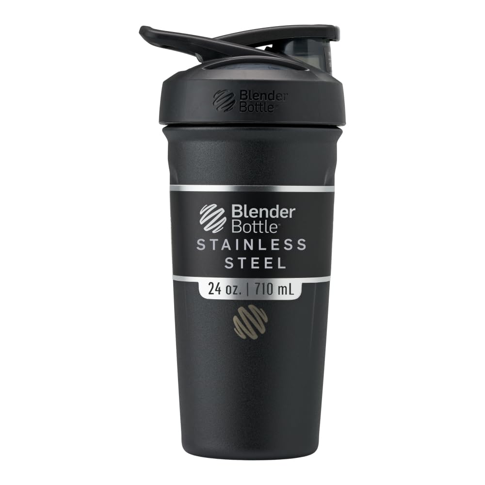 BlenderBottle Strada Shaker Cup Insulated Stainless Steel Water Bottle with Wire Whilk, 24- Ounce, Black
