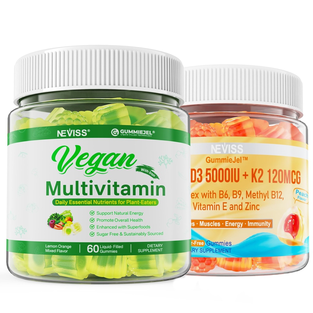 NEVISS Vitamin D3 5000LU + K2 (MK-7) 120mcg dengan Vegan Multivitamin untuk Pria Perempuan dengan Besi, Vitamin B12, A, D3, K2, Algae Omega 3, Magnesium, Zinc