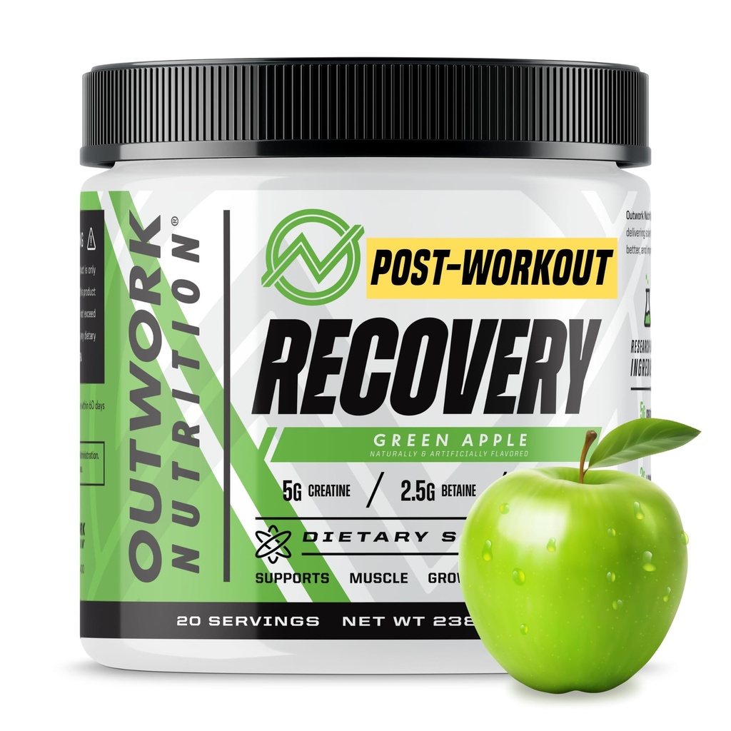 Outwork Nutrition Post Workout Recoder - Creatine Monohydrate, KSM-66 Ashwagandha & Tart Cherry - Speeds Recovery, Eases Soreness - Creatine Powder untuk Pria & Women, Green Apple, 240 Gr