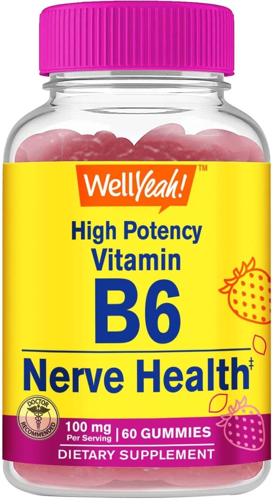 Potency Tinggi Welly Vitamin B6 Gummies - Memproyeksikan Kesehatan Nerve, Fungsi Kognitif, Peraturan Mood, Dukungan Imune, dan Kesehatan Kardiovaskular - Vegan, Non- GMO, Gluten- Free - 60 Count