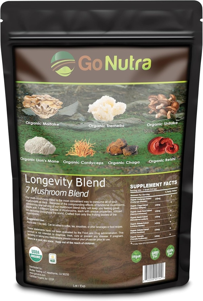 Go Nutra - Organik 7 Jamur Suplemen, Jamur Jamur Umur-panjang dengan Mane Singa, Chaga, Shiitake, Maitake, Reishi, Tremella, dan Cordyceps Mushroom, Non- GMO, Gluten- Free, Vegan, 8 oz