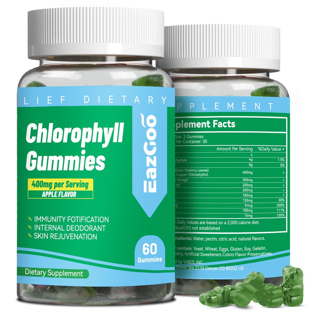 Gumi Bebas Gula Chlorofil, Vitamin B12 Zinc - Natural Deodoran *, Menyediakan Skin & Body Detox *, Hamilune & Intervention, Chlorophill Suplemen Chewable bagi Perempuan - 60 Count