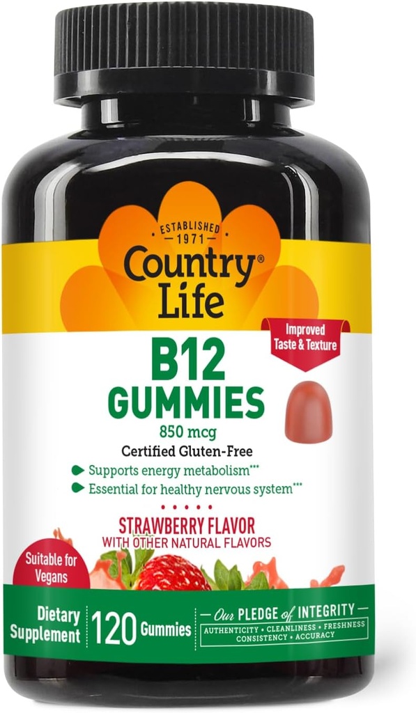 Country Life Vitamin B12 Gummies - 850 mcg Cyanocobalamin, 120 Count - Vegan, Gluten- Free Gummy Suplemen Energi Metabolisme & Gugup System - Natural Strawberry Flavor, 2g Sugar