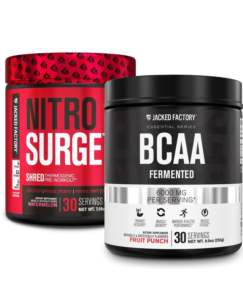 Jacked Factory Nitrospush Shred Thermogenic Pre- Workout di Watermelon & BCAA di Fruit Punch for Body Reposisi, Bangunan Otot dan Pemulihan