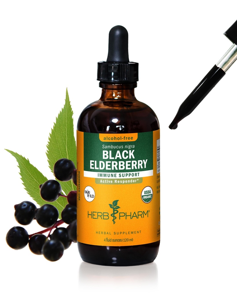 Herb Pharm Certified Organic Black Elderberry Liquid Extract for Imune System Support, Alcohol- Free Glycerite, 4 Ounce