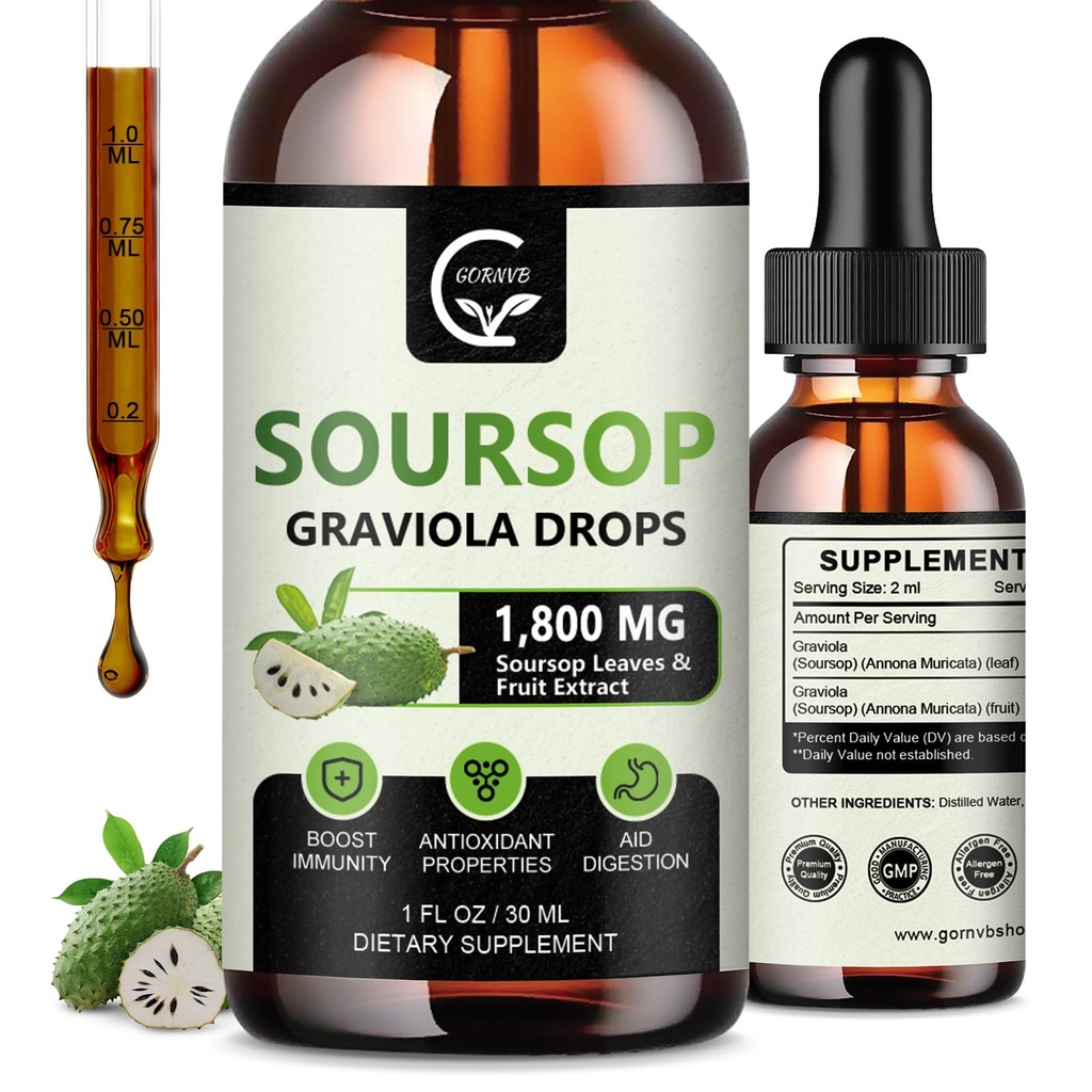 (2 Kemas) Soursop Graviola Liquid Drops 1800mg, 98% Absorpsi Soursop Bitters Liquid for Cell Dukungan & Regeneration, Imune Boost, Relax, Liver and Sleep, Herbal Good, Gluten Free, 1 Fl Oz