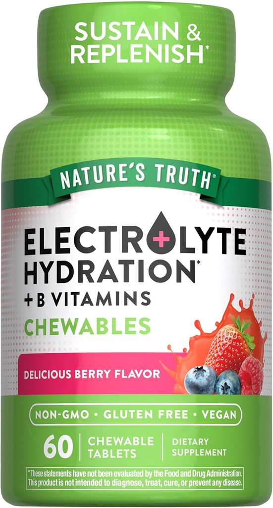 Nature 's Truth Electrolite Tablets 126; 60 Count 124; Non- GMO & Gluten Free Chewable Supplement for Hidration At124; Berry Flavor
