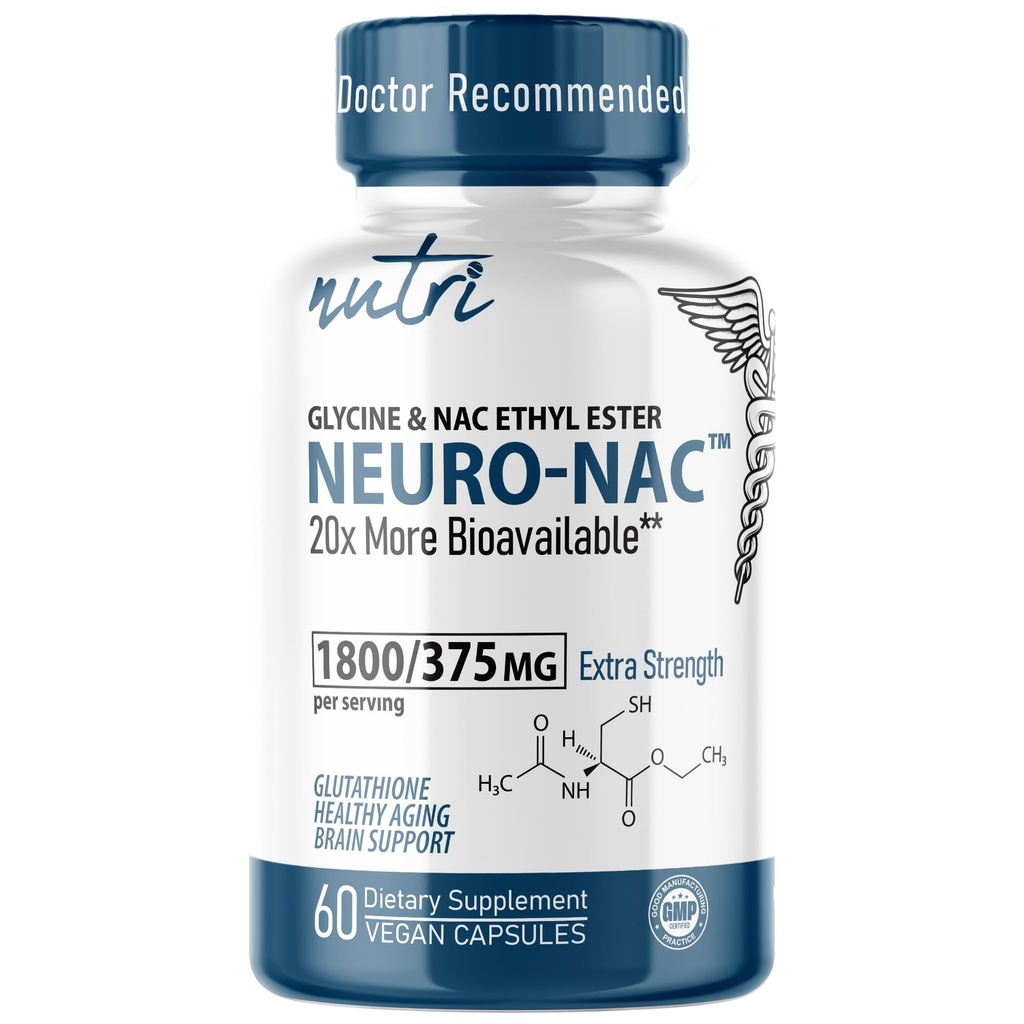 Nutri Neuro NAC Supplemen 375mg Ekstra Kekuatan dengan 1800mg Glycine - N-Acetyl Cysteine Ethyl Ester - 20x More Bioavailable - Boost Glutathione 10x More - 90 Vegan Capsules - 3 Party Tested