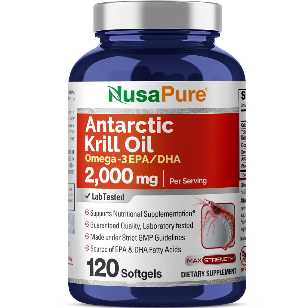NusaPure Antartika Krill Oil 2000 mg 120 Softgels, Omega-3 EPA 360mg, DHA 240mg, Soyfree Astaxanthin Supplemen Diatur dari Krill 800pplum