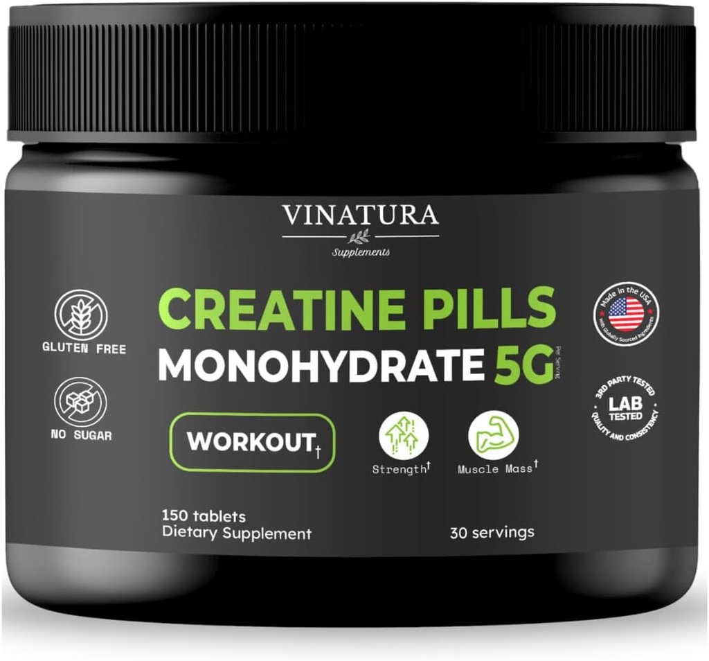 VINATURA Creatine Monohydrate Pill 5g - creatine Tablet, creatine Pills for Men, Women, creatina en kapsul * USA Made & Tested * Alas bubuk monohidder tanpa rasa, 150 tablet 30 pelayan