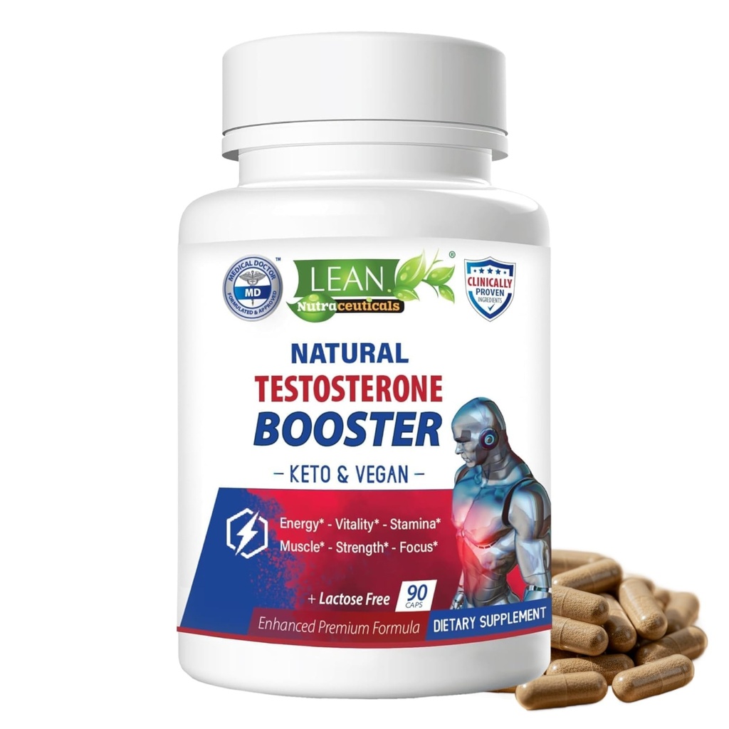 Lean Nutra Testosteron Booster for Men-Natural Vegan Suplemen dengan Tongkat Ali, DHEA, Maca Root, Tribulus, Tobat Horny Weed, Zinc, Boron, D- Aspartic Accid - Boost Energy, Energy, Muscle - 90 Caps