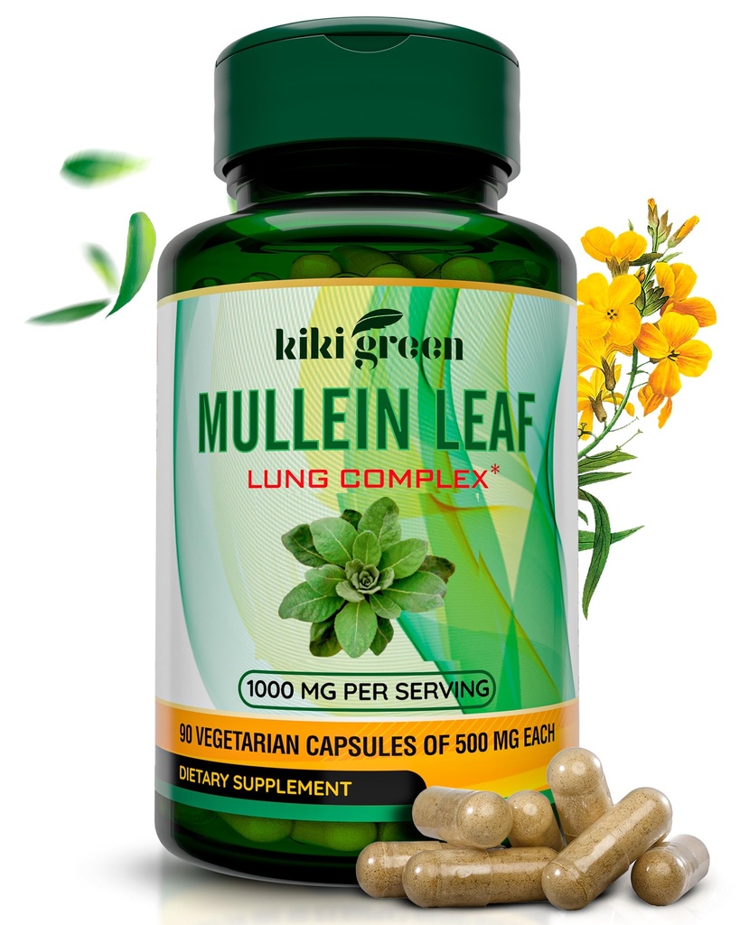 Kapsul Ekstrak Leaf KIKI Green Mullein - Suplemen Herbal Vegan - untuk Lung Cleanse, Dukungan, Repiratory Lebih Baik, Fungsi Imunium - 1000mg 45 Hamba - 90 Count