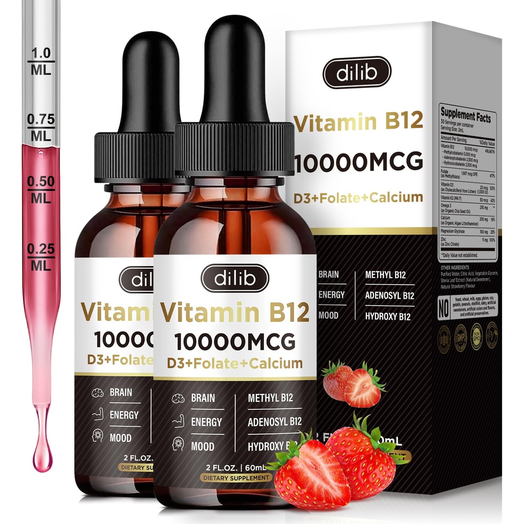 Vitamin B12 Liquid Drops Sublingual 10000 mcg, Triple B12 Complex Suplement, Methyl & Methylcobalamin Blend for Women & Men, Mood & Energy Booster, Metabolisme & Health Support, 2 Pack