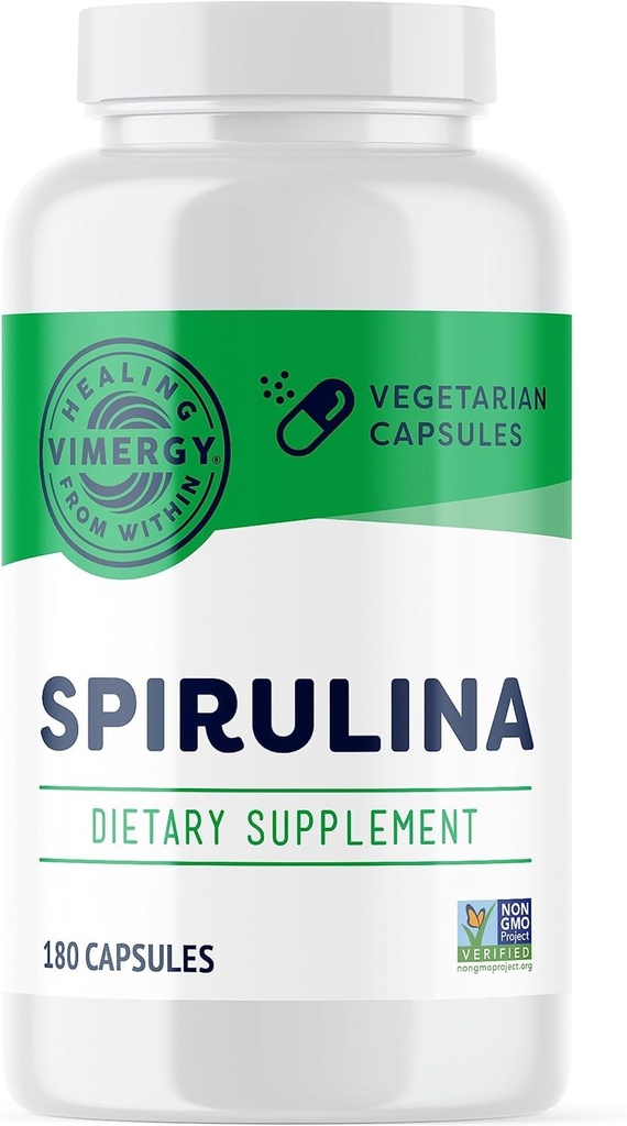 Vimergy Spirulina Capsules - Dikonsentrasi Tanaman Protein Mendukung Kesehatan & Kardiovaskular - Vegan, Kosher, Gluten- Bebas - 180 Kapsul