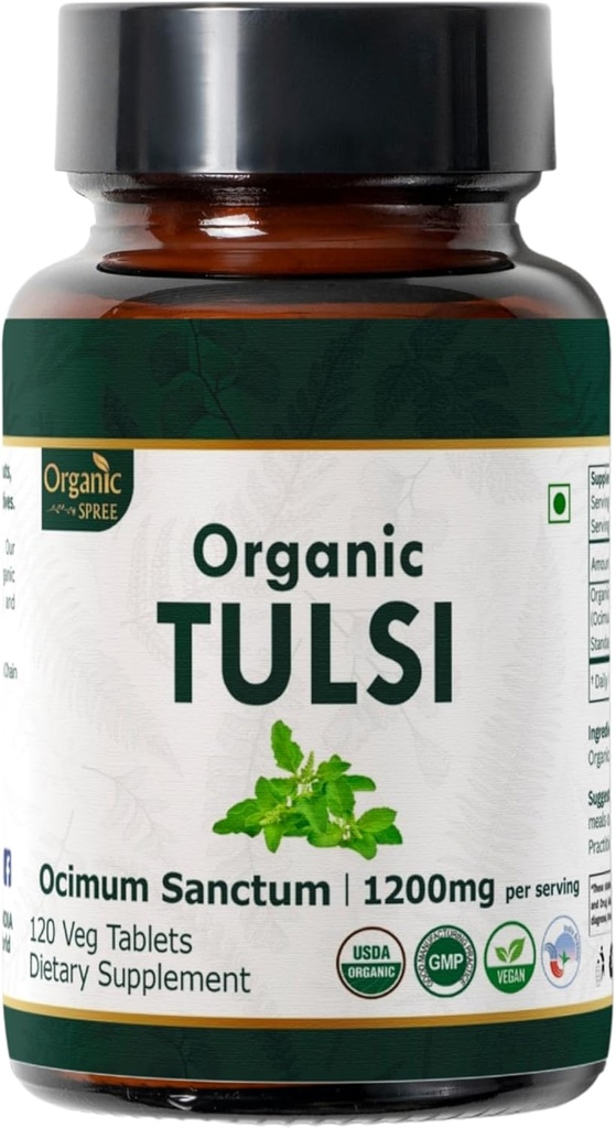 Tulsi 120 Tablet - USDA Organic Holy Basil - Support Stress Relief & Adaptogenic Balance 124; Dietary Suplemen 120tab