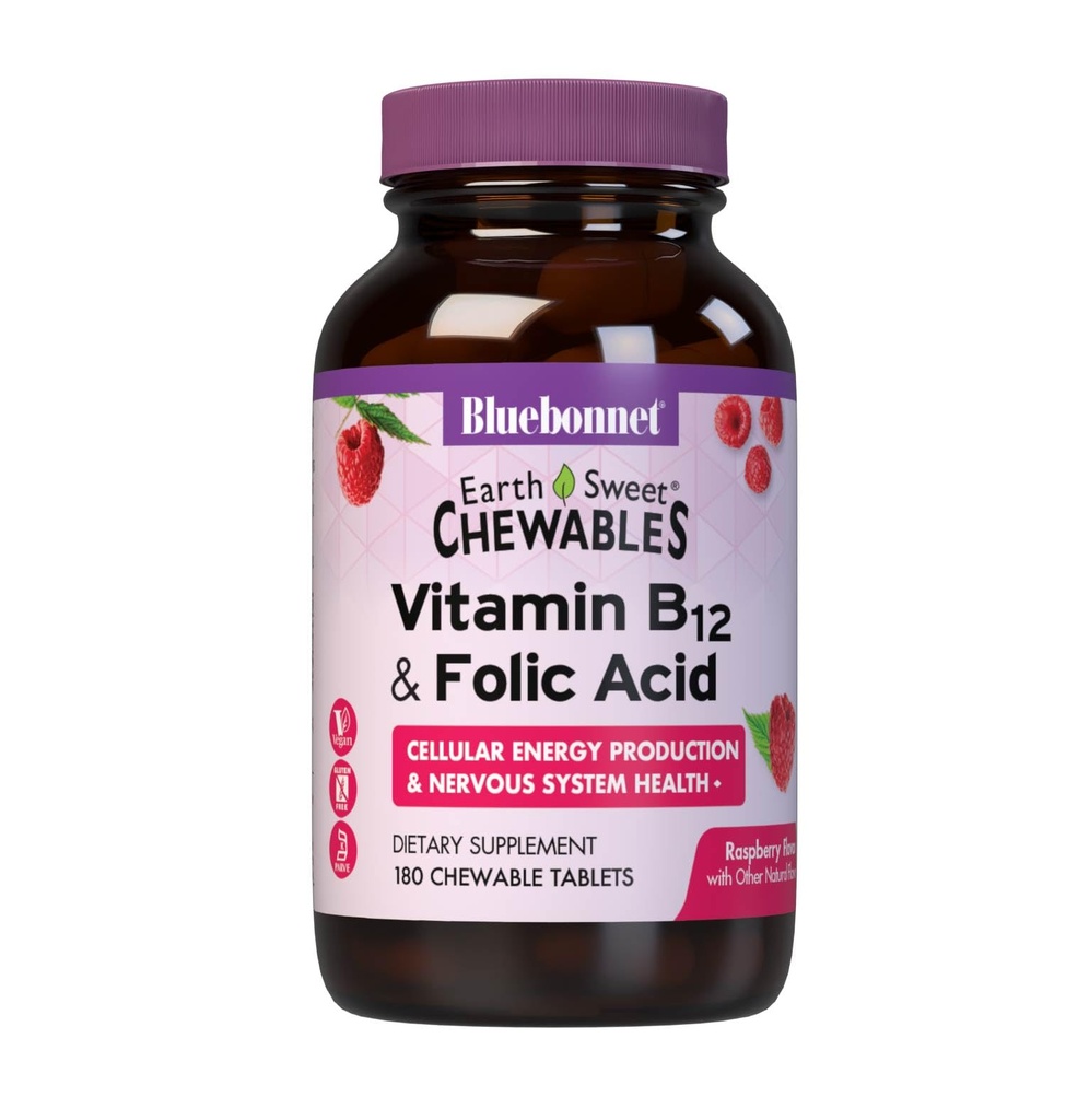 Nutrition Bluebonnet Earth Sweet Vitamin B12 1000 mcg & Folic Acid 400mcg Brain & Energy * Vitamin for Women & Men - Vegan, Gluten- Free Raspberry B 12 Vitamin - 180 Chewable Tablets