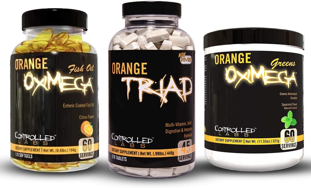 CONTROLLED LABS Bundle Termasuk 45 pelayan Triad Orang, Orange Oximega Greens Spearmint, dan 120 Ct Orange Oximega Fish Soffels