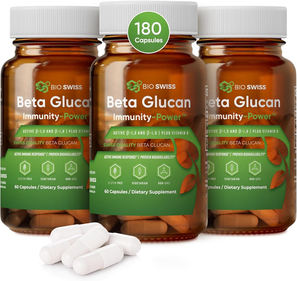 Bio Swiss Beta Glucan Daya kekebalan - 1.3D- 1.6D Glucan dengan Vitamin D - Imune Dukungan Support untuk Enhanced Pertahanan dan Wellness - Vegan, Gluten- Bebas (180 Capsules)