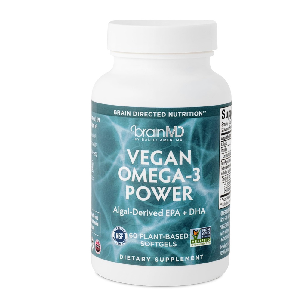 BRAINMD Dr Amen Vegan Omega-3 Power - 60 Plant-Based Softgels - 1.100 mg EPA & DHA - Mendukung Fokus, Memory & Heart Health - Vegan, Gluten Free & None-GMO - 30 Servings