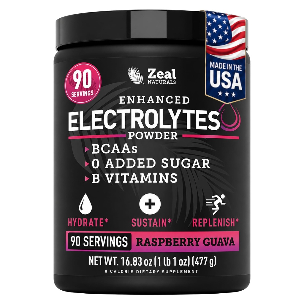 Feal Electrolyte Powder Recovery Drinder (90 Servings = 124; Raspberry Guava) w 0 Sugar + BCAS + B-Vitamin Electrolyte Supplemen w Poteminc & Magnesium for Hydration - Keto Electrolytes