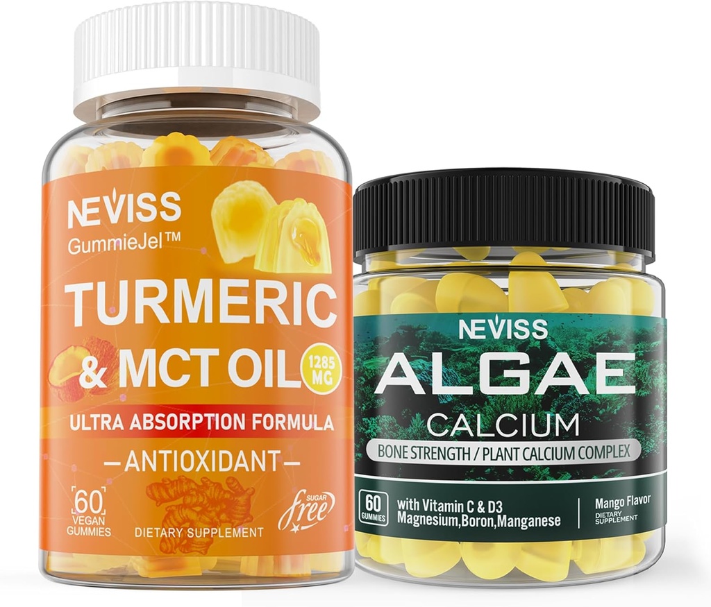 NEVISS Sugar Free Turmeric Curcumin Gummies + Marine Algae Kalsium Suplemen 600mg, Absorpsi Tinggi, Vegan