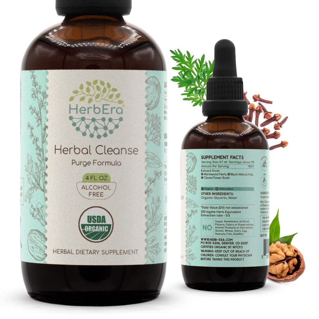 HerbEra Herbal Cleanse Organic Alcohol- Free Tacrture 124; Detox dan Cleanse Formula, Ekstment Explement 124; Organic Wormwood Herb, Black Walnut Hull, Cloves Flower Buds 124; Purge Extract (4 fl oz)