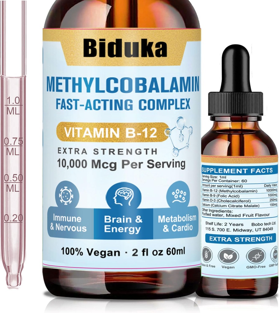 10,000mcg Vitamin B12 Sublingual Liquid Drops, Unik Formula dengan D3, B9 (Ballic Acium), Calcium, Dukung Energi, Hati, Otak, Immune System, Vegetarian, Non-GMO & Gluten Bebas