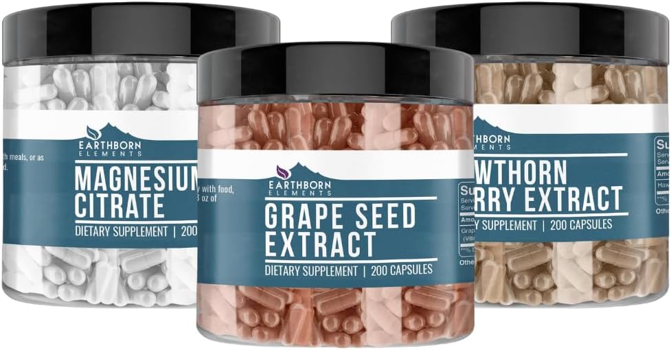 Elemen Bumi Hawthorn Berry, Benih Grape, & Magnesium Citrate Bundle (200 caps), Murni & Unenluted, Tanpa Addonist
