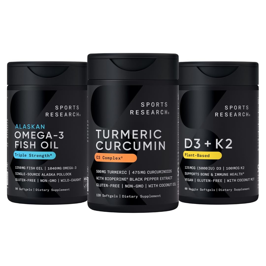 Penelitian Olahraga Wild Alaska Pollock Omega 3 Minyak Ikan 90 Softgels (1250 mg), Kompleks Curcumin C3 Turmeric (120 Softgels) dan Vegan 5000 IU Vitamin D + 100mcg Mk7 Vitamin K (60 Softgeels)