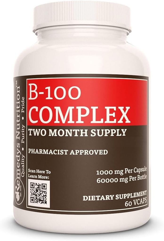 Persediaan gizi Remedy B-100 Kompleks 124; 1.000 mg, 60 Vegan Kapsules Dietary Supplemen Dua Bulan